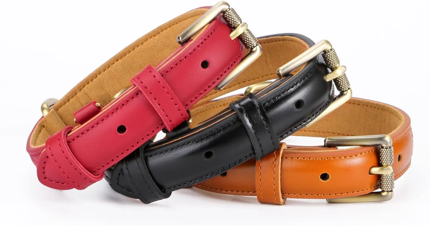 CHEDE Basic Classic Luxury Padded Genuine Leather Dog Collar，Heavy Duty Dog Collar，Soft and Strong Leather Collars with Metal Buckle，Wide Dog Collar for Large Medium Small Pets (Brown, M)