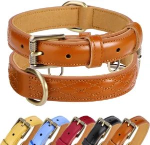 CHEDE Basic Classic Luxury Padded Genuine Leather Dog Collar，Heavy Duty Dog Collar，Soft and Strong Leather Collars with Metal Buckle，Wide Dog Collar for Large Medium Small Pets (Brown, M)