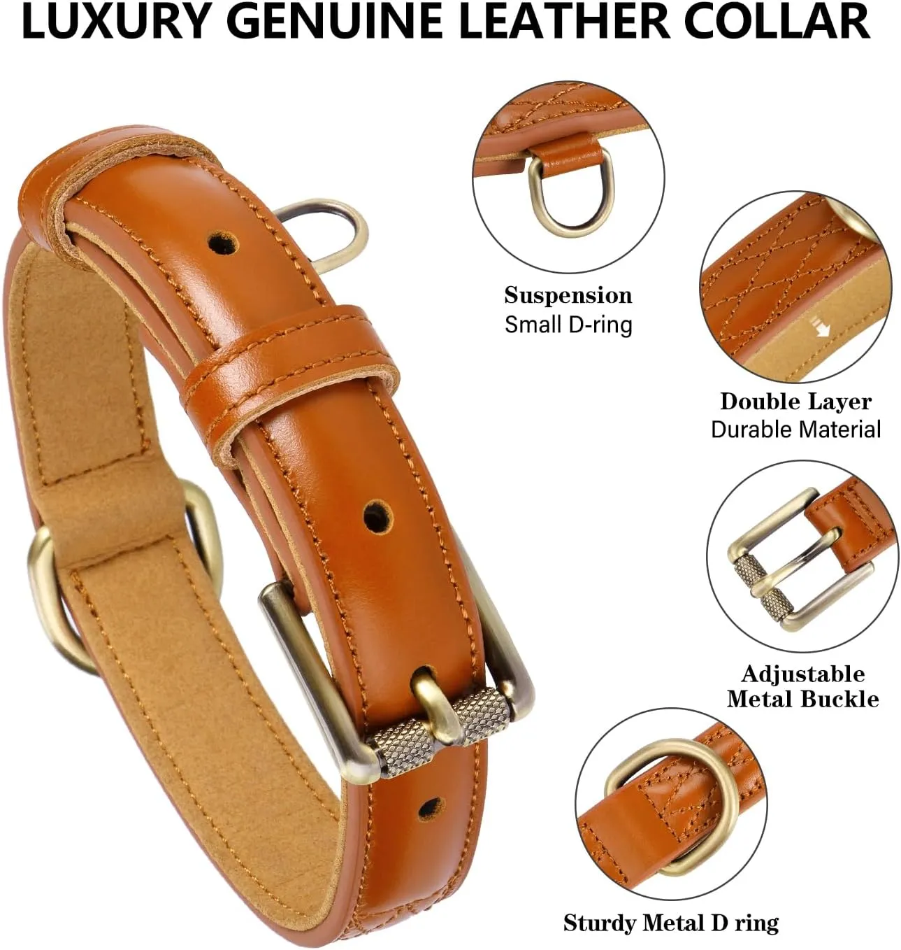CHEDE Basic Classic Luxury Padded Genuine Leather Dog Collar，Heavy Duty Dog Collar，Soft and Strong Leather Collars with Metal Buckle，Wide Dog Collar for Large Medium Small Pets (Brown, M)