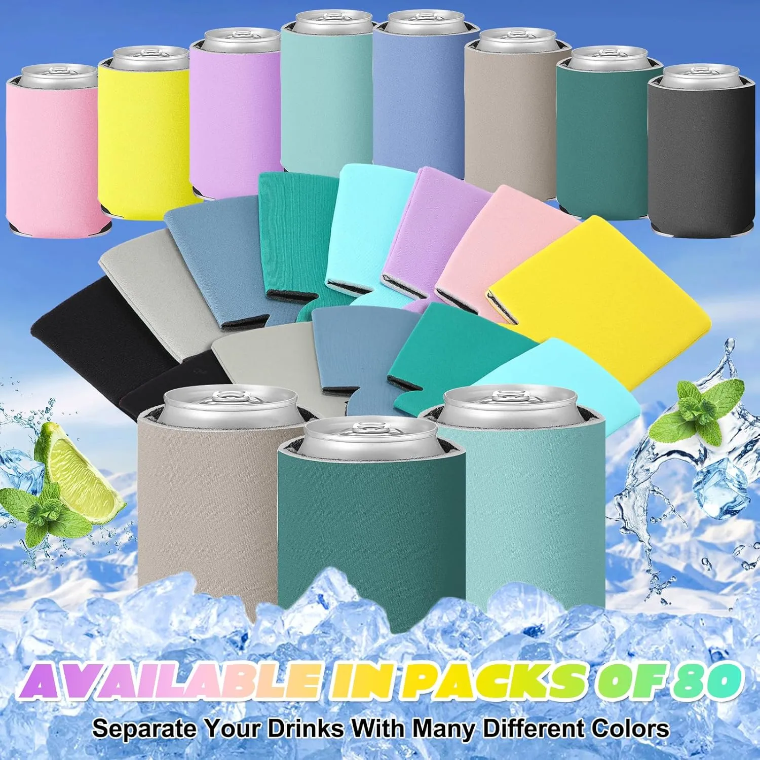 CHENGU 80 Pieces Can Coolers Soft Insulated Soda Cover Coolies Blank Can Covers Collapsible Can Cooler Sleeves Plain Can Sleeves for Soda Beverage DIY Customizable Weddings Party (Multi Color)