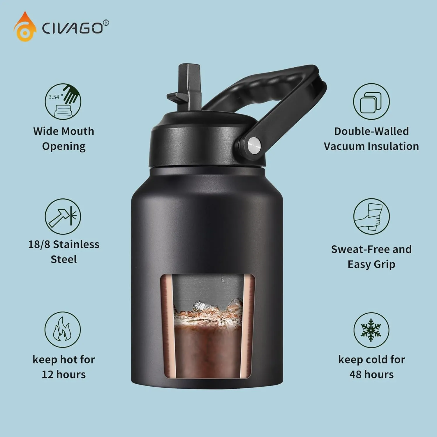 CIVAGO Gallon Insulated Water Bottle Jug with Straw, 128 oz Large Stainless Steel Sports Metal Water Canteen with Handle, Big Thermal Water Cup Mug with 2 Lids for Camping & Fishing, Lavender