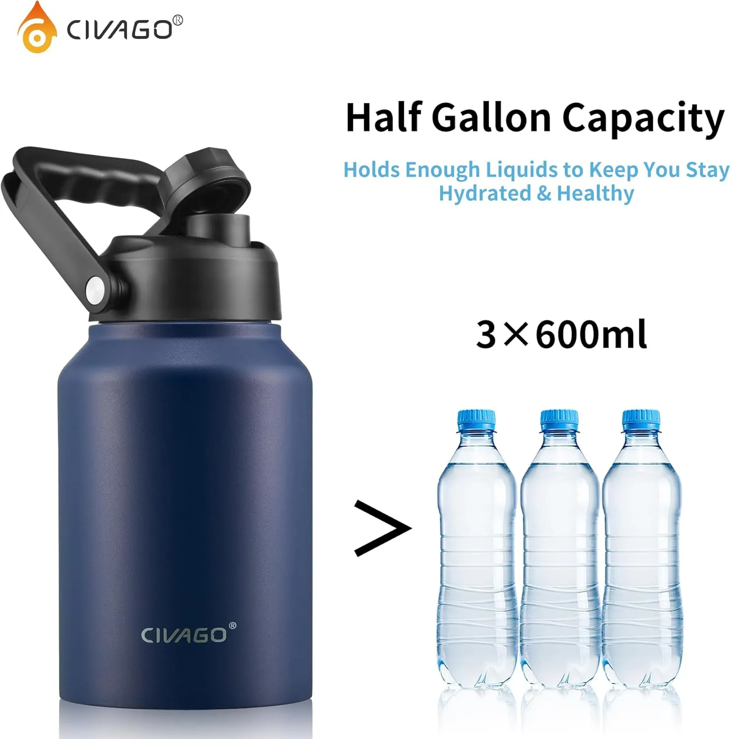 CIVAGO Half Gallon Insulated Water Bottle Jug with Straw, 64 oz Large Stainless Steel Sports Metal Water Flask with Handle, Big Thermal Water Cup Mug with 2 Lids for Camping & Fishing, Cream