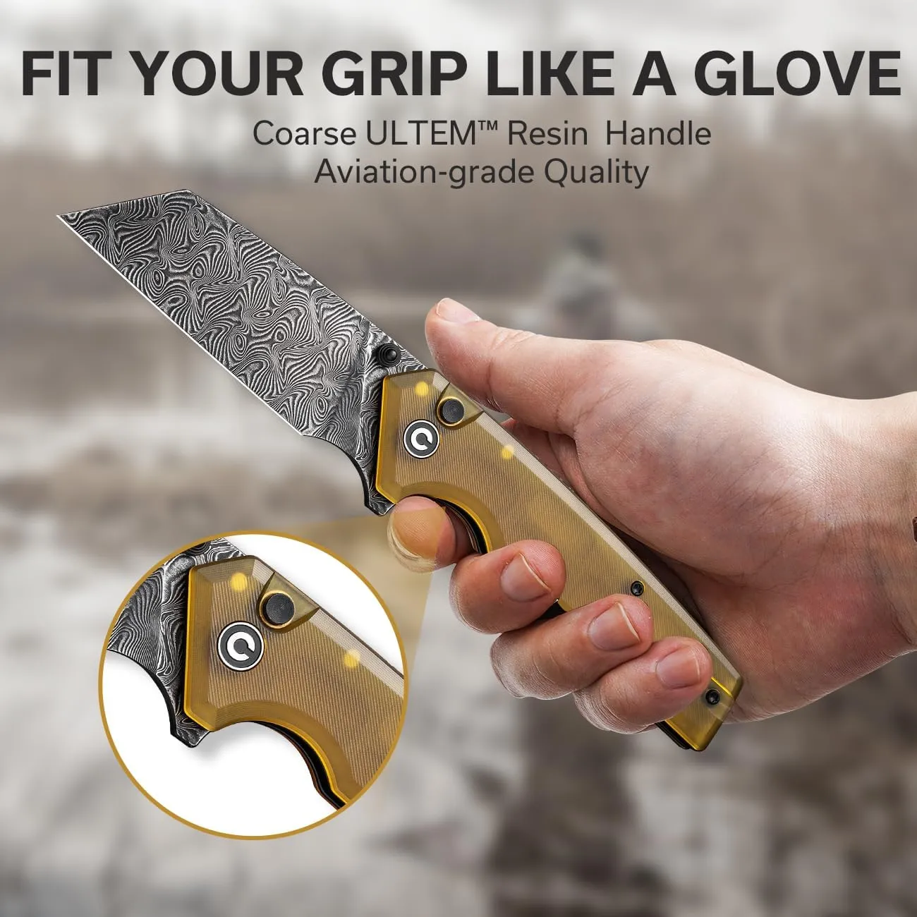 CIVIVI Amirite Pocket Knife, Folding Knife with 3.48" Damascus Modified Wharncliffe Blade Ultem Handle, Button Lock Knife for Men Gift C23028-DS1
