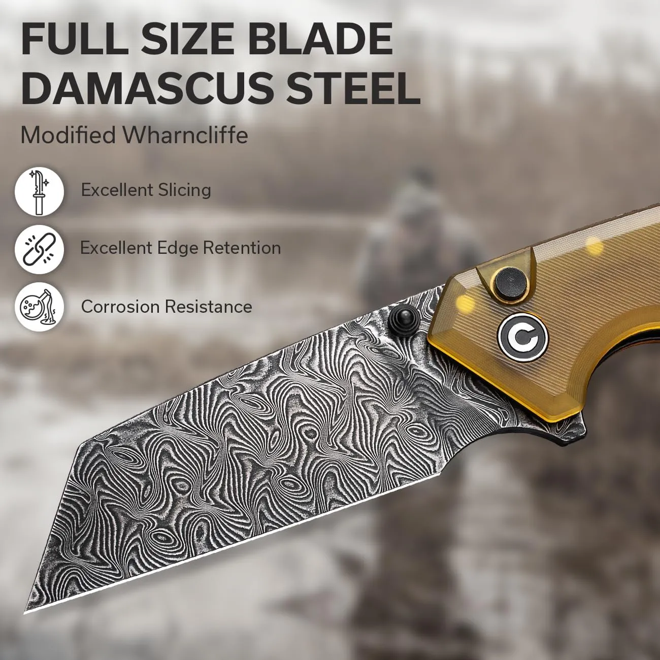 CIVIVI Amirite Pocket Knife, Folding Knife with 3.48" Damascus Modified Wharncliffe Blade Ultem Handle, Button Lock Knife for Men Gift C23028-DS1