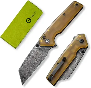 CIVIVI Amirite Pocket Knife, Folding Knife with 3.48" Damascus Modified Wharncliffe Blade Ultem Handle, Button Lock Knife for Men Gift C23028-DS1