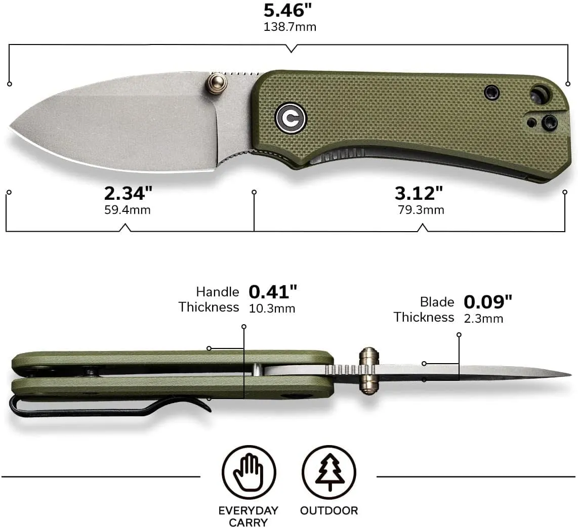 CIVIVI Baby Banter Pocket Folding Knife for EDC, 2.34" Blade Small Knife with Titanium Thumb Stud Opener C19068S-5 (Green)