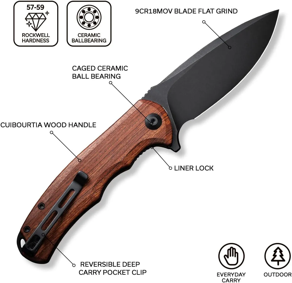 CIVIVI Folding Pocket Knife- Praxis Flipper Liner Lock Knife, 3.75" Black Stonewashed Blade with Cuibourtia Wood Handles, Reversible Clip for Everyday Carry Outdoor Use C803H