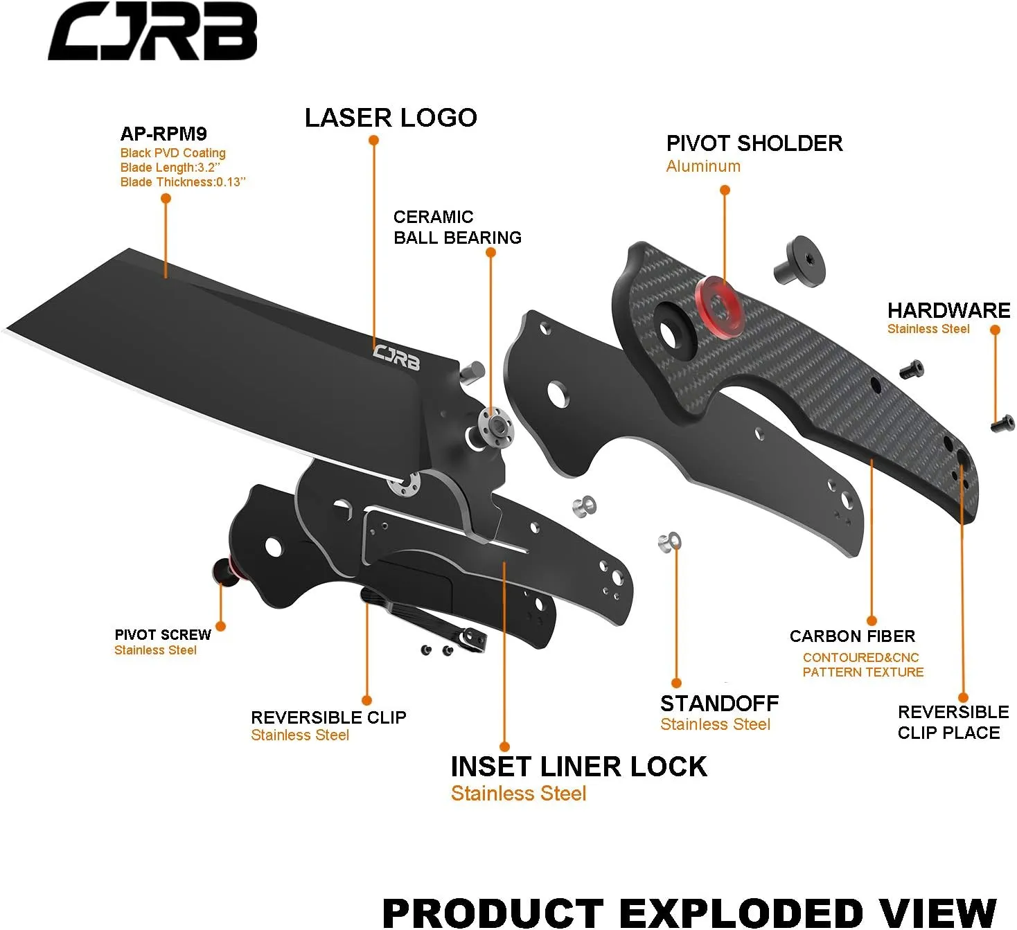 CJRB Crag Folding Pocket Knife, 3.43" AR-RPM9 Steel Blade Carbon Fiber Handle EDC Knife with Pocket Clip for Men Women Camping Survival Hiking, Black (J1904)