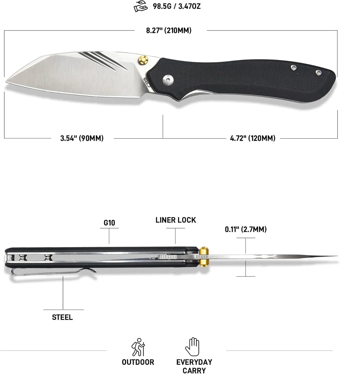 CJRB Fugly EDC Knife, 3.54'' AR-RPM9 Steel Blade G10 Handle Pocket Knife for Men Women, Sharp Folding Knives for Camping Hiking Survival, Designed by Jake Diaz(J1957 Black)