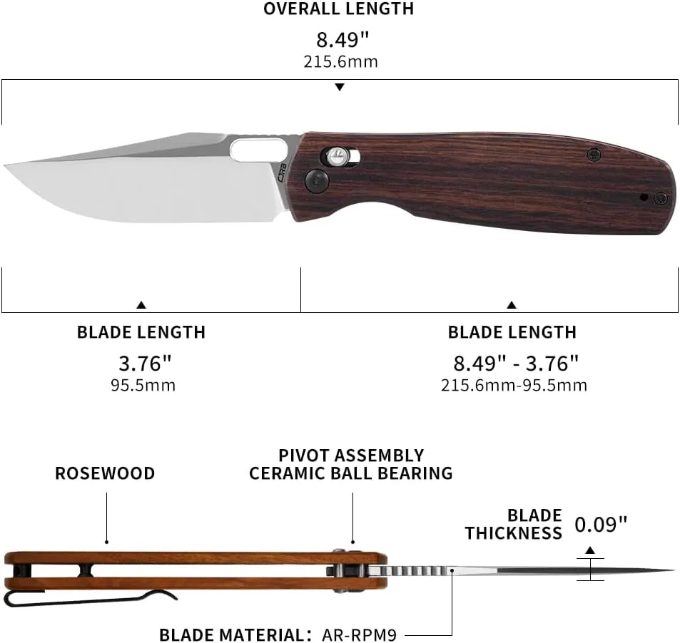 CJRB Prado Folding Pocket Knife 3.76" AR-RPM9 Sand Polish Steel Blade Rosewood Handle Crossbar Lock for Men Outdoor, Survival, Camping and EDC, J1936