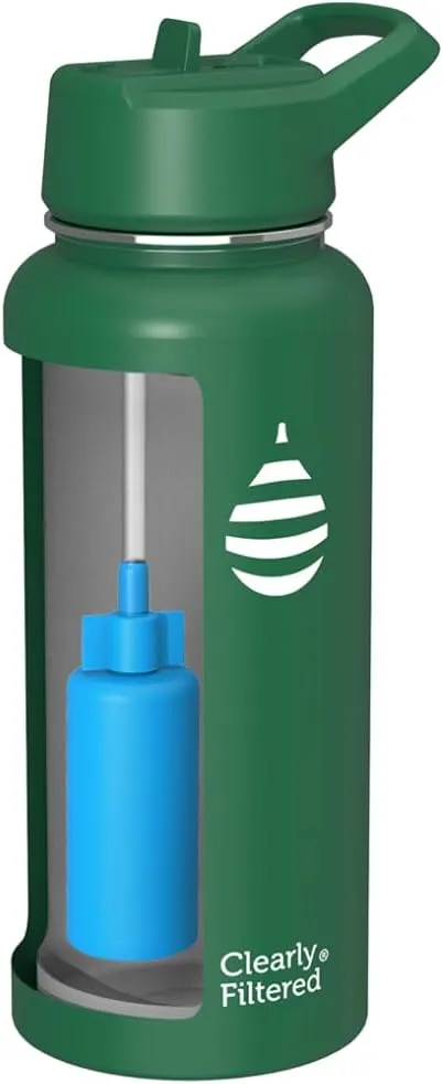Clearly Filtered Water Bottle | Removes 220  Contaminants, Double-Wall Insulated Stainless Steel, BPA/BPS Free, Phthalate Free, Filters Flouride Lead Chlorine (32oz, Evergreen)
