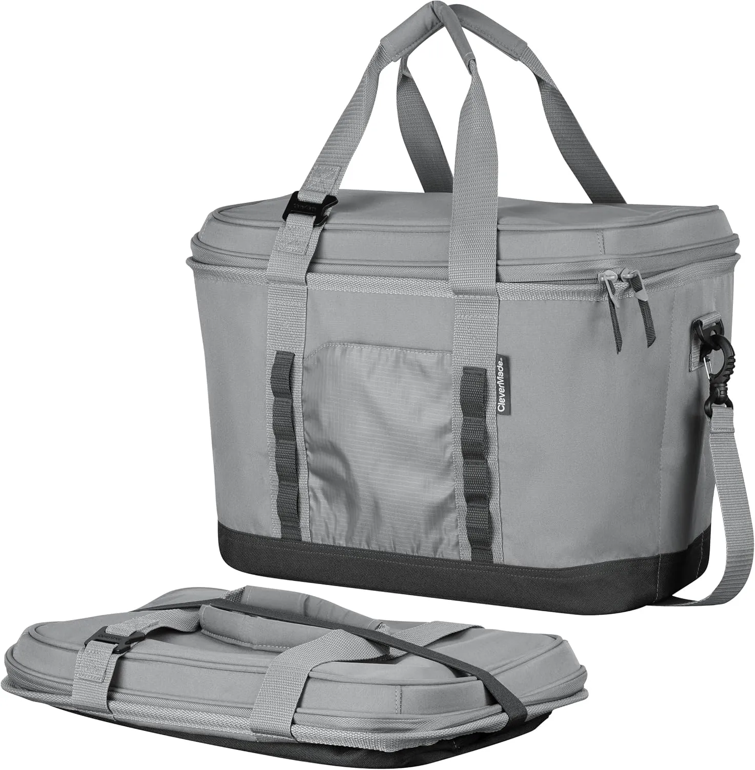 CleverMade Collapsible Insulated Cooler Bag – 50 Can Leakproof Soft Cooler for Beach, Travel, Car – Shoulder Strap, Bottle Opener – Grey/Charcoal