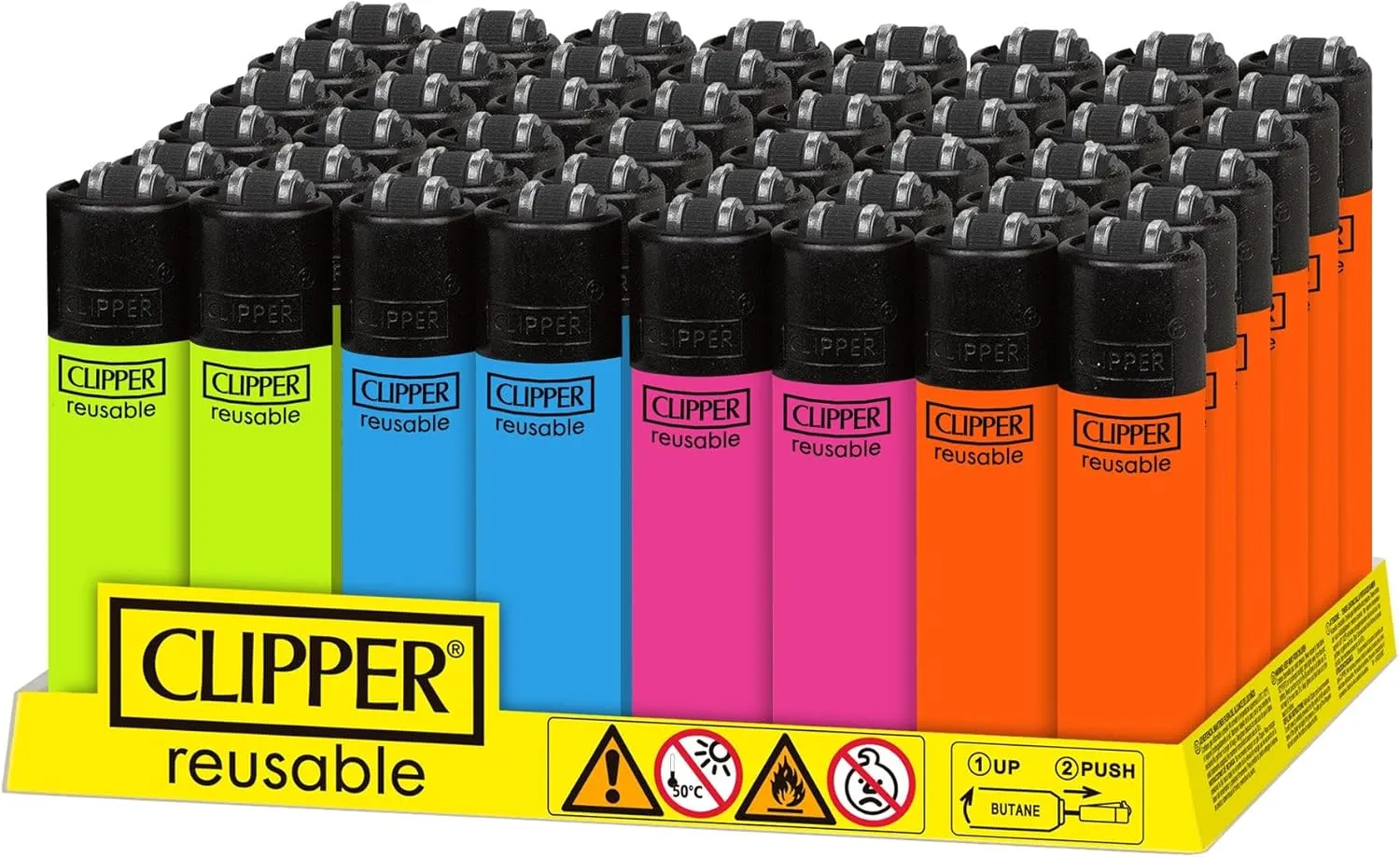 Clipper - Solid Flourescent Mini CP22 Iconic Premium Refillable Lighters Bulk Pack - Replace Butane, Flint, and Spark Wheel for Unlimited Lights - 48 Pack