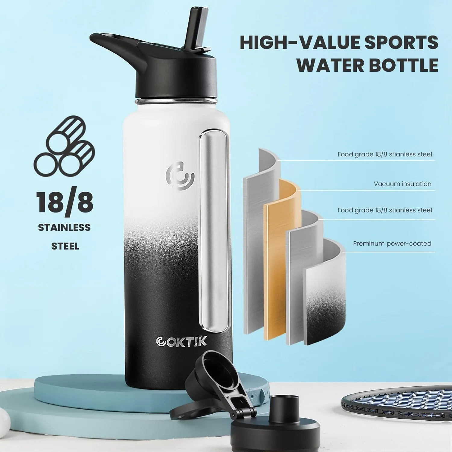 COKTIK 40 oz Sports Water Bottle With Straw,2 Lids, Stainless Steel Vacuum Insulated Water Bottles,Leakproof Lightweight, Keeps Cold and Hot, Great for Travel, Hiking, Biking, Running(Cobalt)