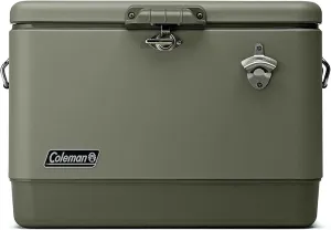 Coleman Reunion Premium Insulated Portable Cooler, Leak-Resistant 54qt Steel Belted Cooler with Heavy-Duty Latch, Handles, Drain & Bottle Opener, Great for Camping, Tailgating, Beach, Picnic, & More