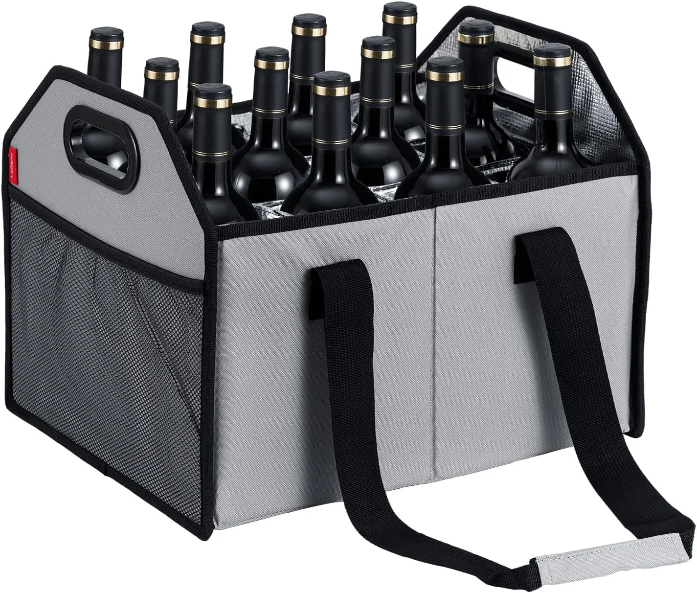 Collapsible 12 Bottle Storage Box Reusable Portable Wine Carrier Case for Tote Bag Moving, Vacation Bottle Caddy Grocery Shopping Accessory (Gray)