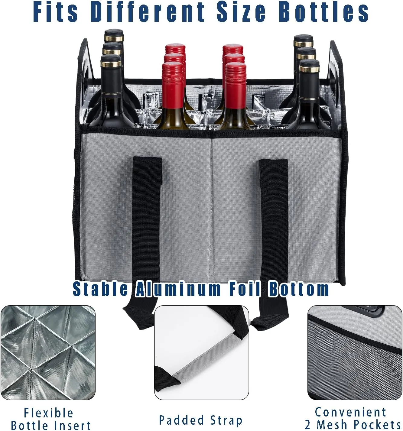 Collapsible 12 Bottle Storage Box Reusable Portable Wine Carrier Case for Tote Bag Moving, Vacation Bottle Caddy Grocery Shopping Accessory (Gray)