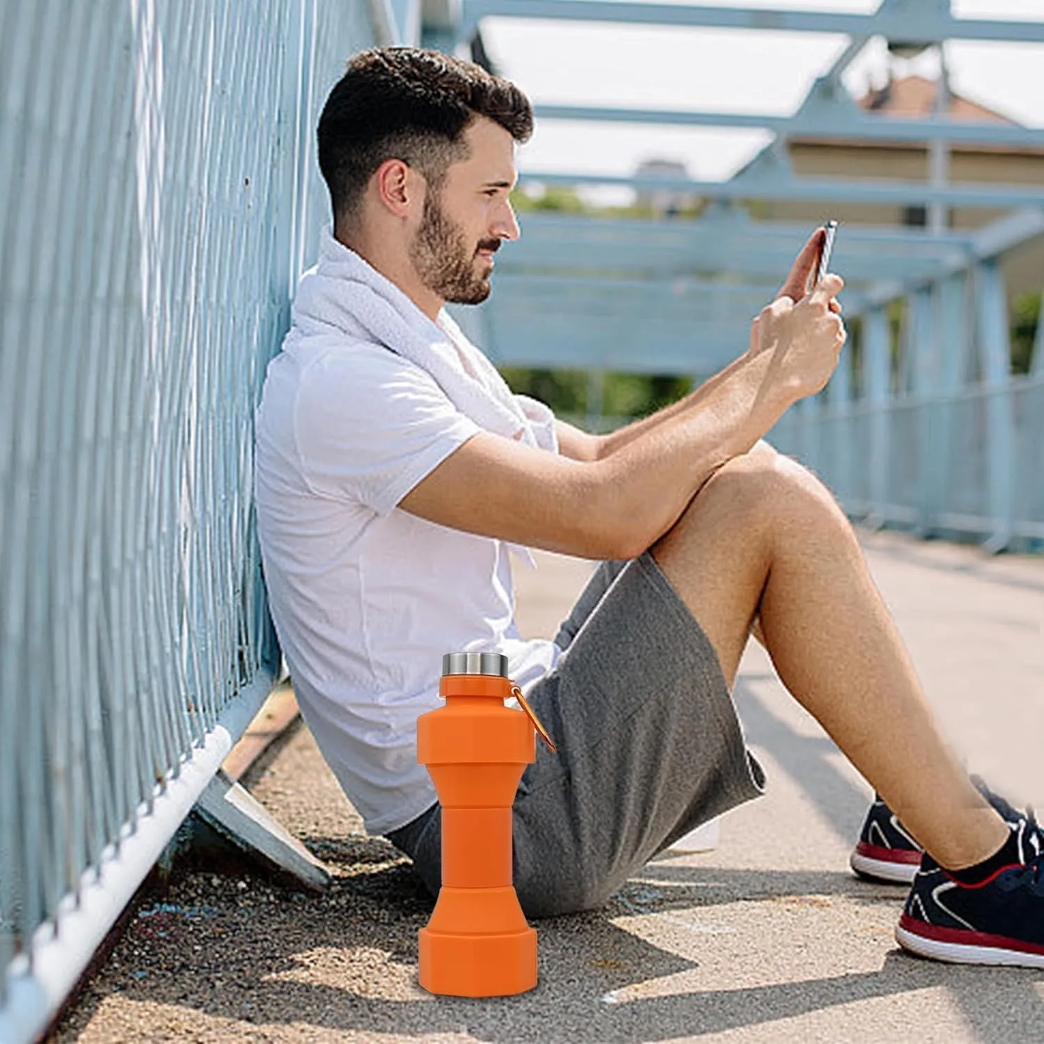Collapsible Dumbbell Water Bottle, 22 oz (648.6 g), BPA-Free Silicone, Portable Lightweight, Hiking Buckle, Leak-Proof Sports Bottle (orange)