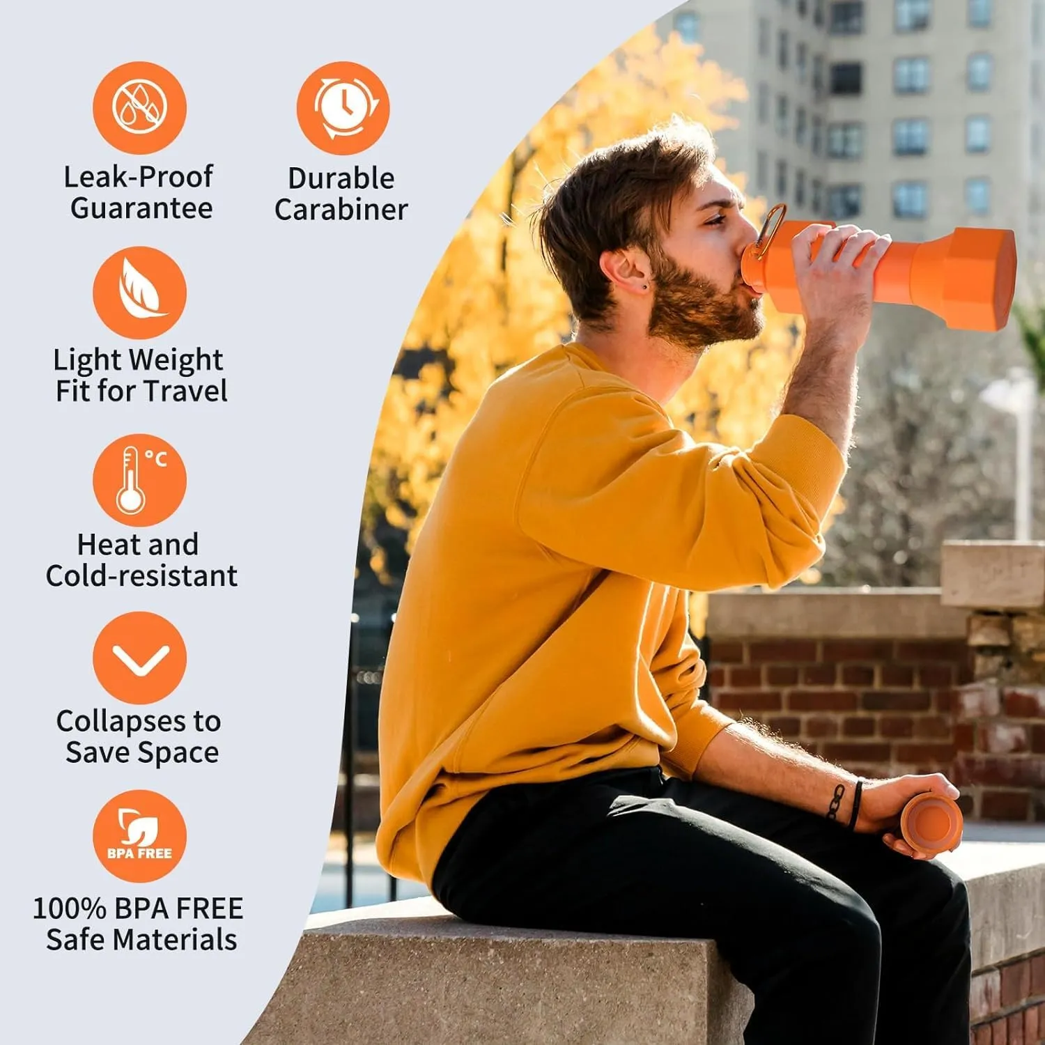 Collapsible Dumbbell Water Bottle, 22 oz (648.6 g), BPA-Free Silicone, Portable Lightweight, Hiking Buckle, Leak-Proof Sports Bottle (orange)