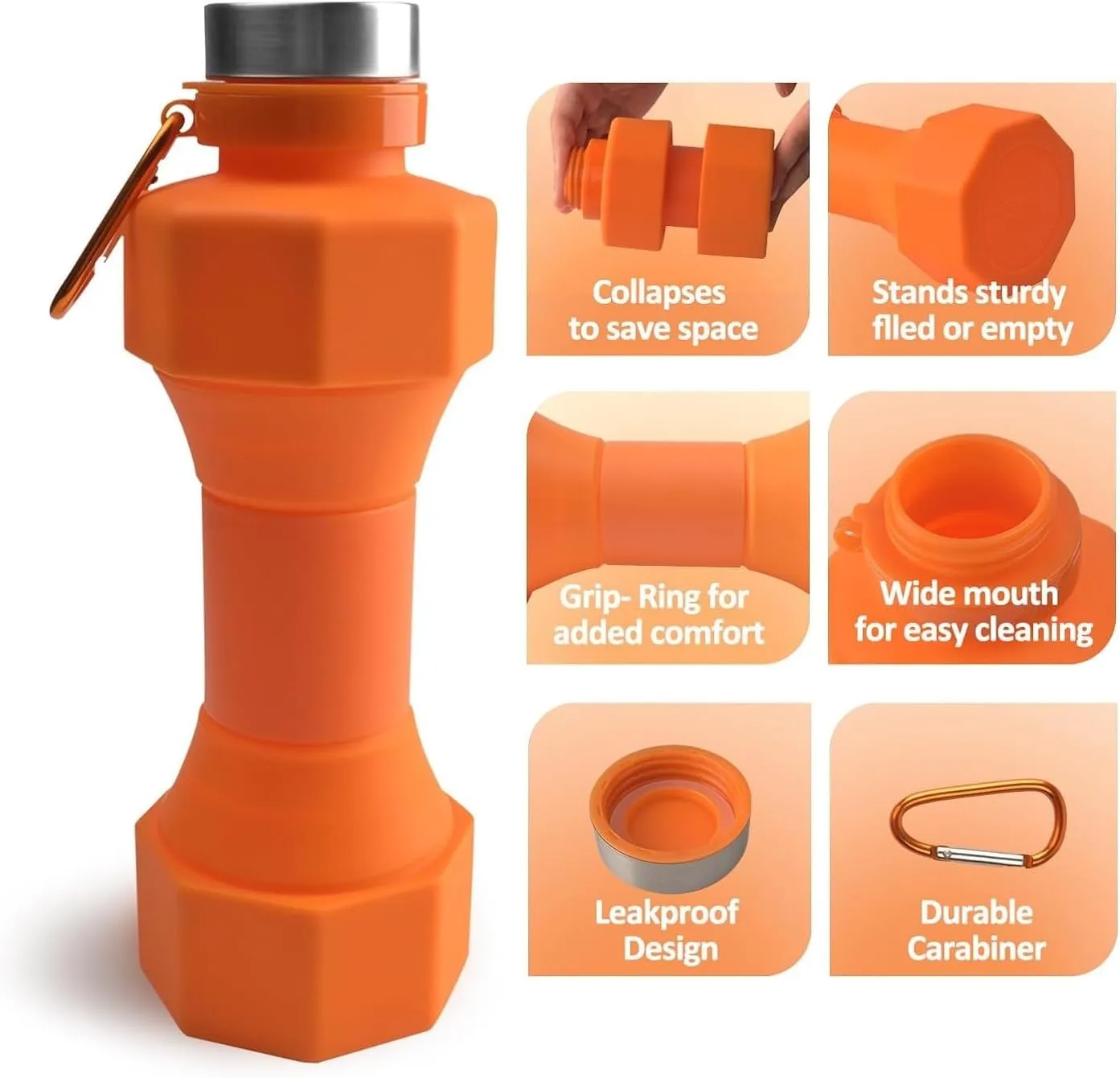 Collapsible Dumbbell Water Bottle, 22 oz (648.6 g), BPA-Free Silicone, Portable Lightweight, Hiking Buckle, Leak-Proof Sports Bottle (orange)