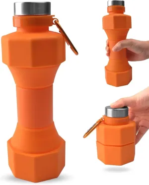 Collapsible Dumbbell Water Bottle, 22 oz (648.6 g), BPA-Free Silicone, Portable Lightweight, Hiking Buckle, Leak-Proof Sports Bottle (orange)