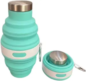 Collapsible Silicone Water Bottle with Carabiner, 475ml/17oz, BPA-Free, Leak-Proof, Lightweight & Durable for Travel, Gym, Camping (Cyan)