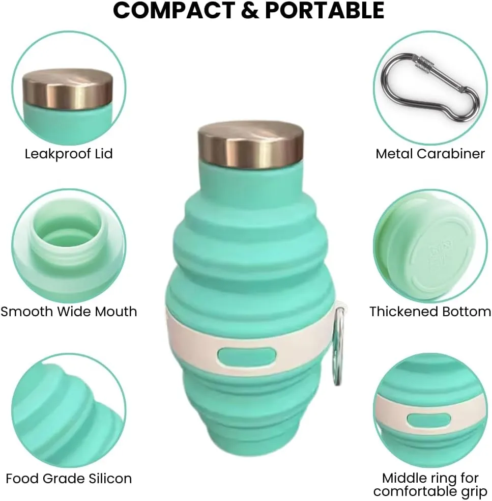 Collapsible Silicone Water Bottle with Carabiner, 475ml/17oz, BPA-Free, Leak-Proof, Lightweight & Durable for Travel, Gym, Camping (Cyan)