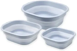 Collapsible Wash Basin Set of 3, Foldable Large Medium Small Wash Basins, Portable Plastic Basins for Laundry, Bottles, Travel, Camping (Blue Gray)