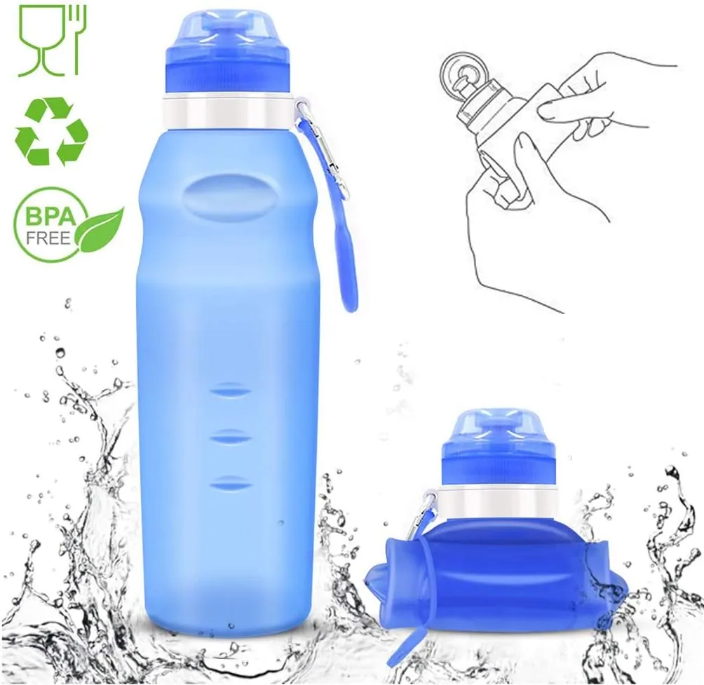 Collapsible Water Bottle, 20oz/600ml Portable Silicone Sports Water Bottle with Clip, BPA Free Travel Water Bottle, Can Roll Up, Double LeakProof Water Bottle for Yoga Outdoor Camping (blue)