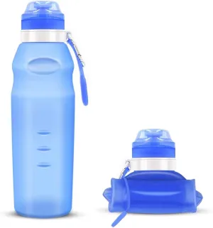 Collapsible Water Bottle, 20oz/600ml Portable Silicone Sports Water Bottle with Clip, BPA Free Travel Water Bottle, Can Roll Up, Double LeakProof Water Bottle for Yoga Outdoor Camping (blue)