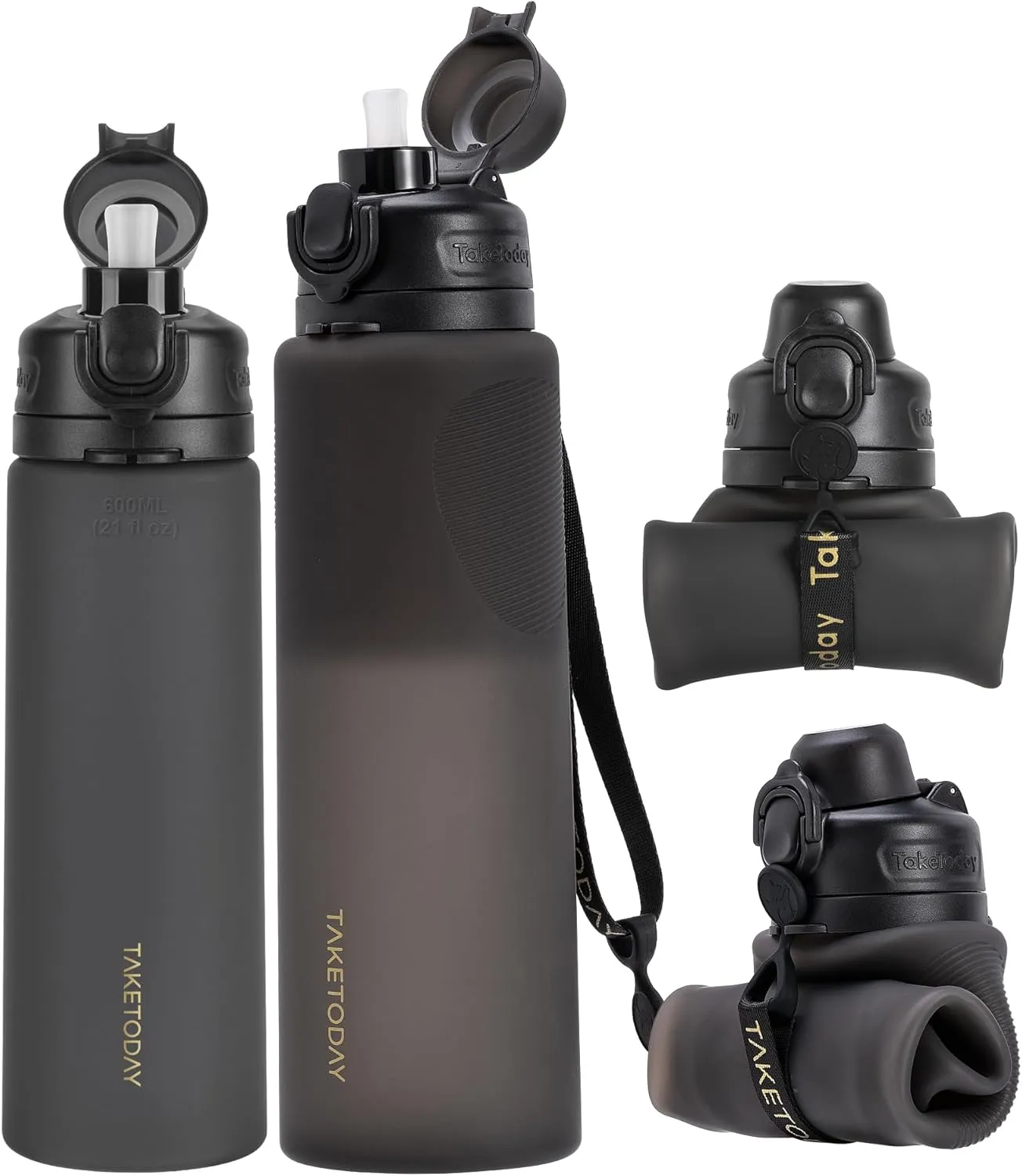 Collapsible Water Bottles 20oz and 32oz, Leak Proof, BPA-Free, Foldable Silicone Travel Water Bottle with Straw Strap for Cycling, Hiking, Outdoors