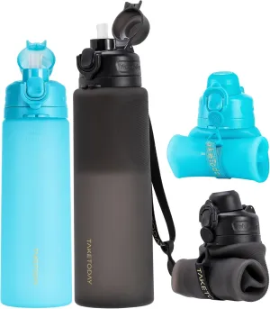 Collapsible Water Bottles 32oz Black and 20oz Ocean Breeze, Foldable Travel Water Bottle with Straw, BPA Free, Silicone Water Bottle Leakproof for Hiking, International Travel, Outdoors
