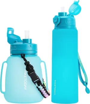 Collapsible Water Bottles 32oz Blue and 40oz Blue, Foldable Travel Water Bottle with Straw, BPA Free, Silicone, Leakproof for Hiking, International Travel, Outdoors