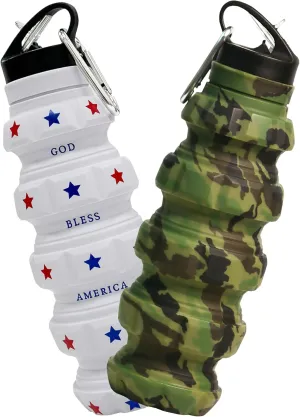 Collapsible Water Bottles USA and Camo Bundle - Lightweight Leak-Proof Silicone Water Bottle American Flag Design - Silicone Gym Water Bottles Army Green - Foldable Mens Water Bottles for Everyday Use