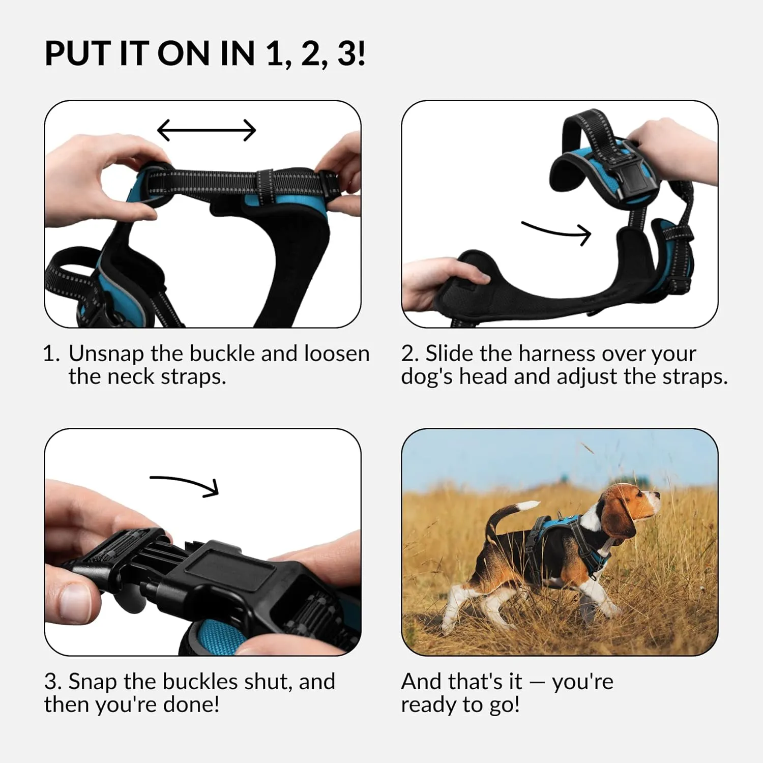 CollarDirect No Pull Reflective Dog Harness with Handle and Front Clip, Adjustible Soft Padded Vest for Small to Large Dogs Training and Walk (Size L, Light Blue)