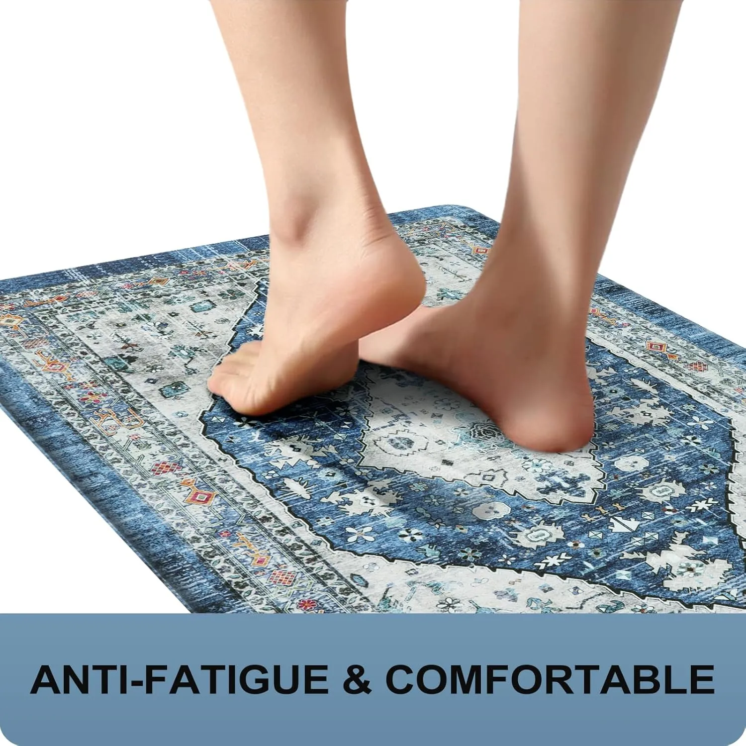 Collive Boho Kitchen Floor Mats, Cushioned Anti Fatigue Kitchen Runner Rugs, Comfort Non Slip Standing Mats for Floor, Laundry, Office, Sink, 17.3''x59'' Dark Blue