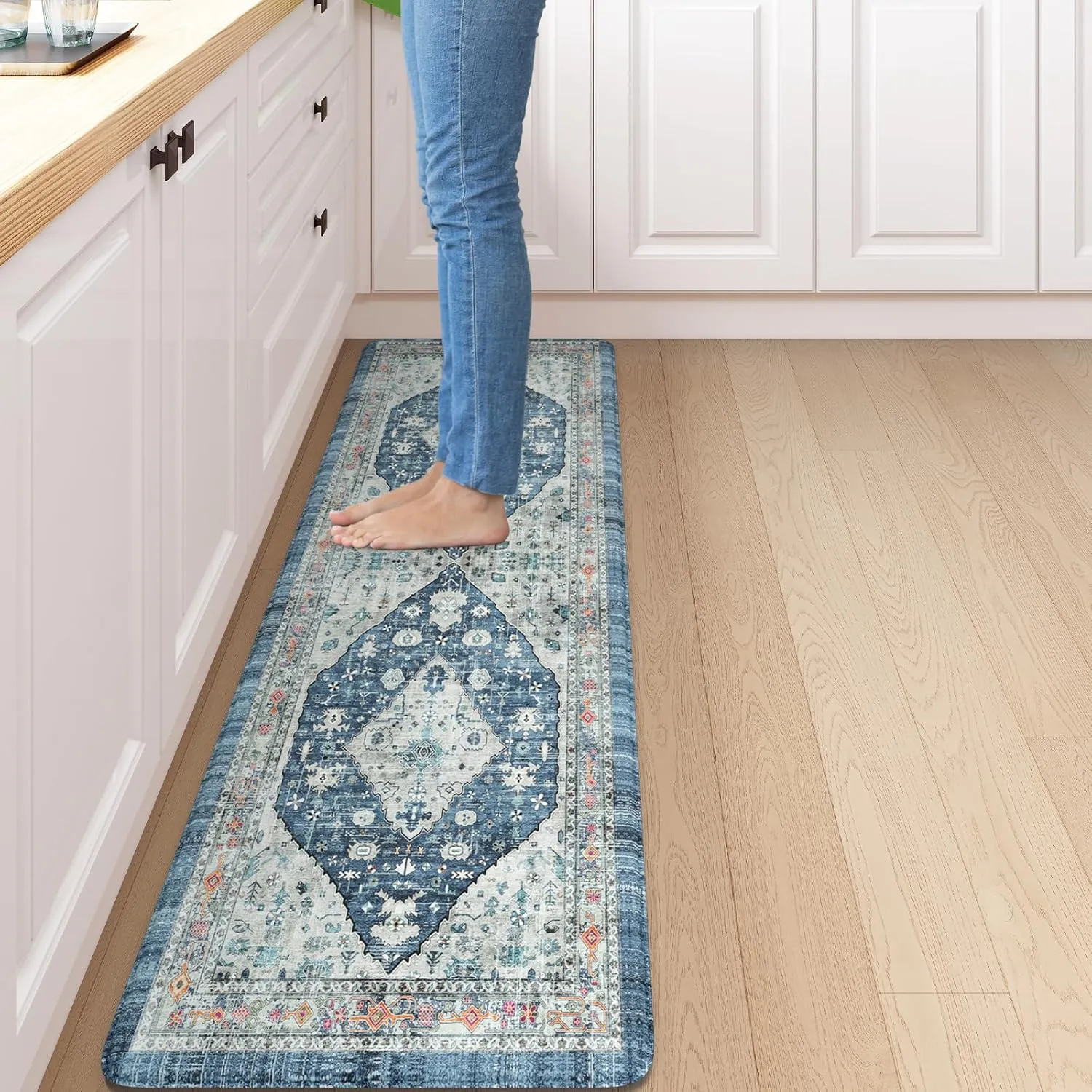 Collive Boho Kitchen Floor Mats, Cushioned Anti Fatigue Kitchen Runner Rugs, Comfort Non Slip Standing Mats for Floor, Laundry, Office, Sink, 17.3''x59'' Dark Blue