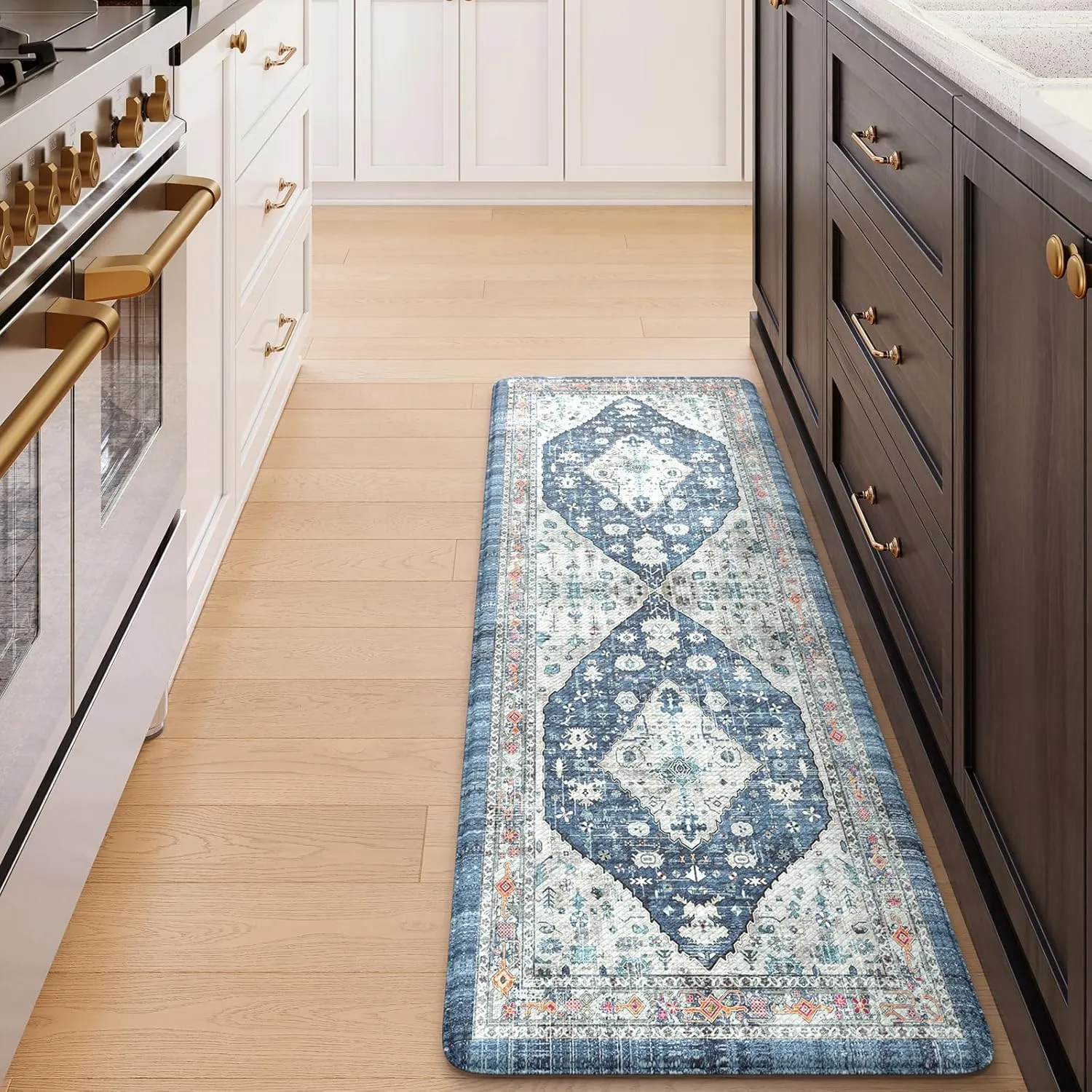 Collive Boho Kitchen Floor Mats, Cushioned Anti Fatigue Kitchen Runner Rugs, Comfort Non Slip Standing Mats for Floor, Laundry, Office, Sink, 17.3''x59'' Dark Blue