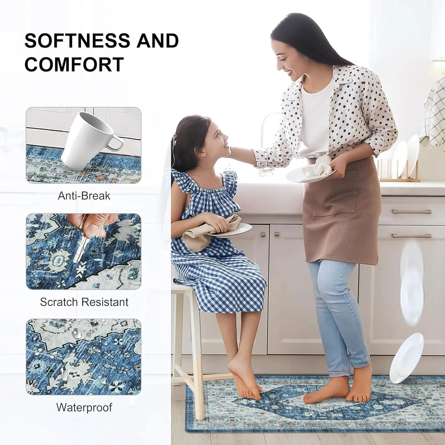 Collive Boho Kitchen Floor Mats, Cushioned Anti Fatigue Kitchen Runner Rugs, Comfort Non Slip Standing Mats for Floor, Laundry, Office, Sink, 17.3''x59'' Dark Blue