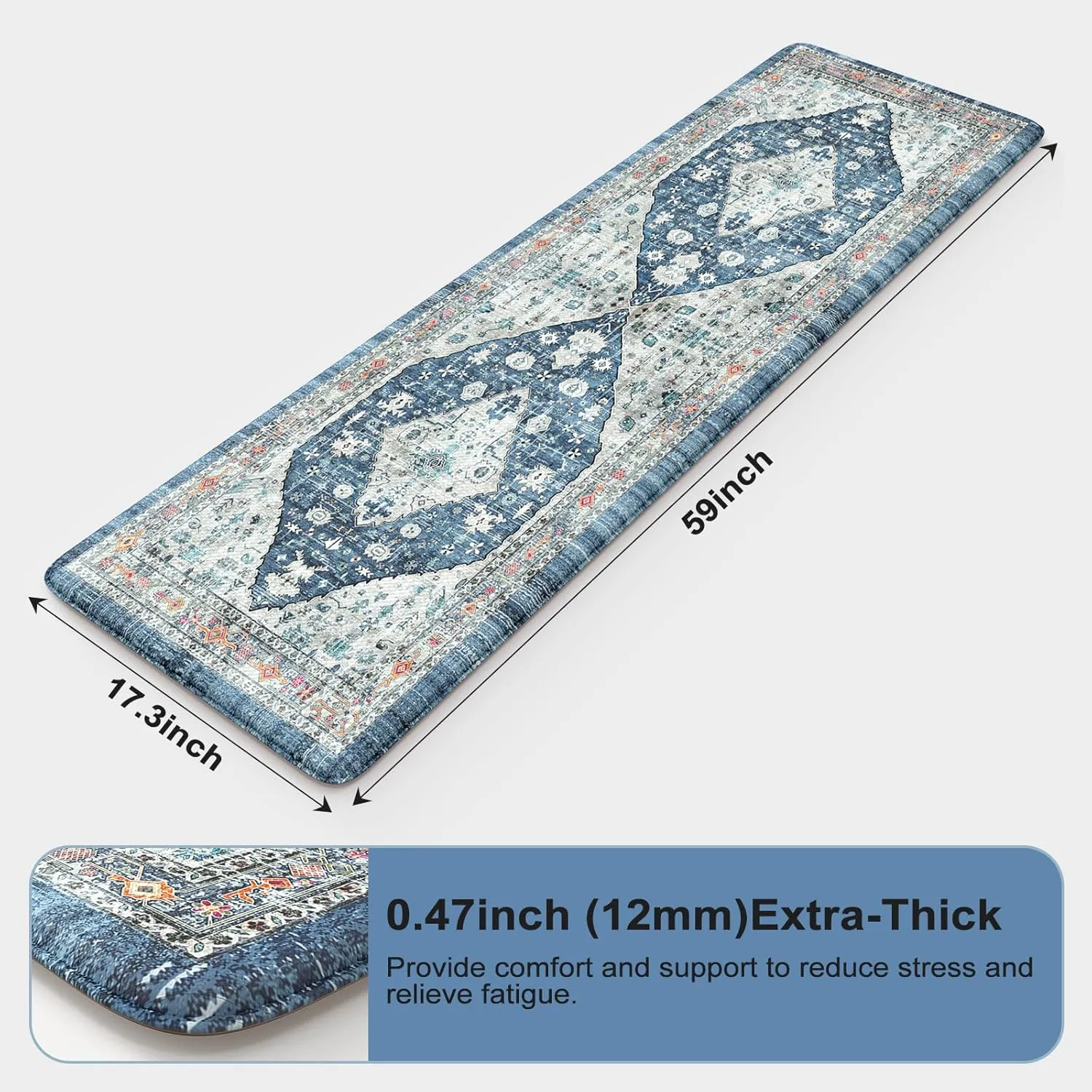 Collive Boho Kitchen Floor Mats, Cushioned Anti Fatigue Kitchen Runner Rugs, Comfort Non Slip Standing Mats for Floor, Laundry, Office, Sink, 17.3''x59'' Dark Blue