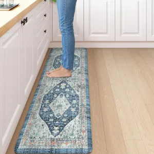 Collive Boho Kitchen Floor Mats, Cushioned Anti Fatigue Kitchen Runner Rugs, Comfort Non Slip Standing Mats for Floor, Laundry, Office, Sink, 17.3''x59'' Dark Blue