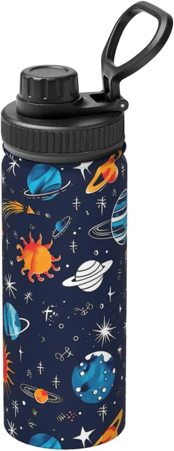 Colorful Outer Space 18 oz Stainless Steel Water Bottles Insulated Sports Water Bottle with Spout Lid, Cartoon Stars Double Wall Travel Water Flask for Running Hiking Fishing