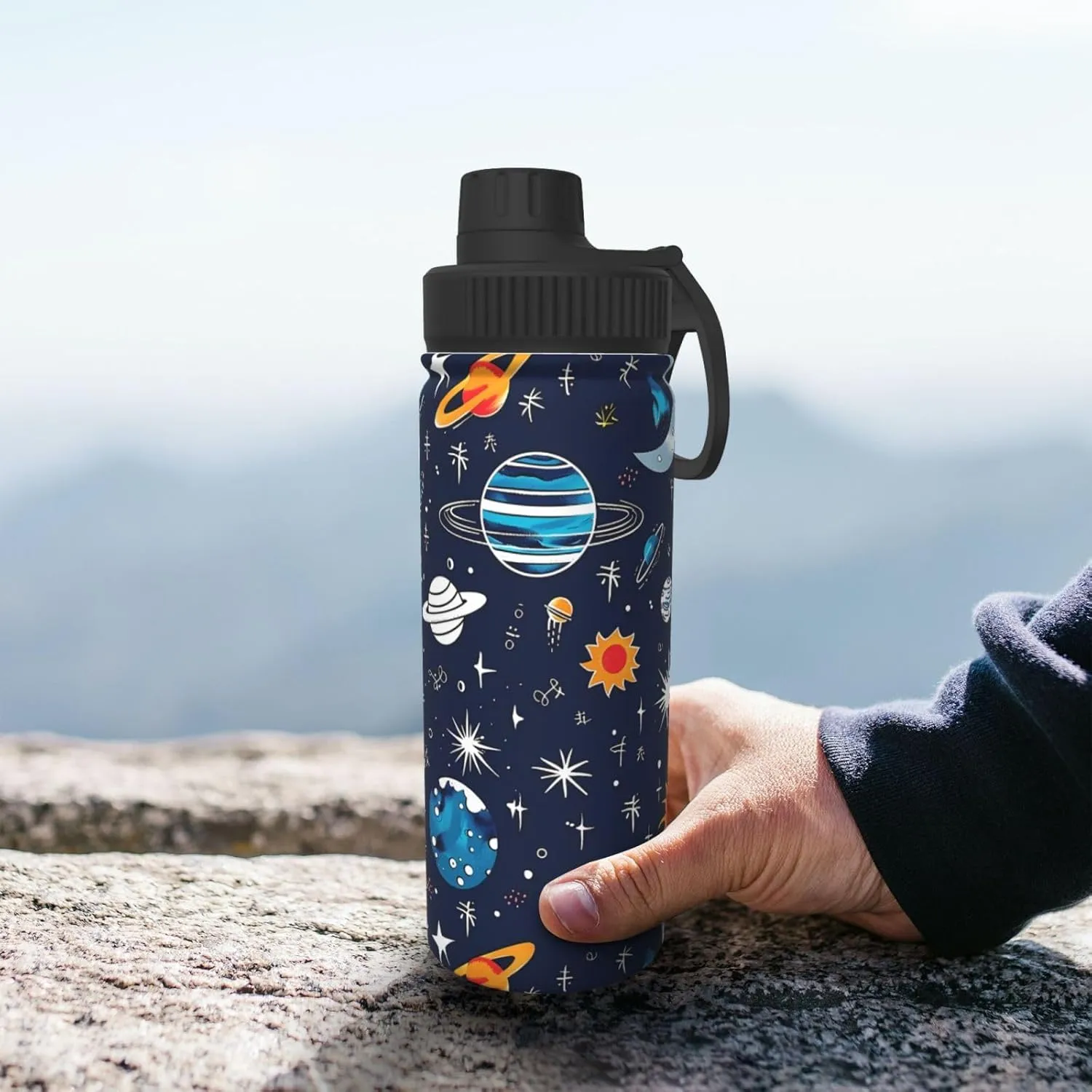 Colorful Outer Space 18 oz Stainless Steel Water Bottles Insulated Sports Water Bottle with Spout Lid, Cartoon Stars Double Wall Travel Water Flask for Running Hiking Fishing