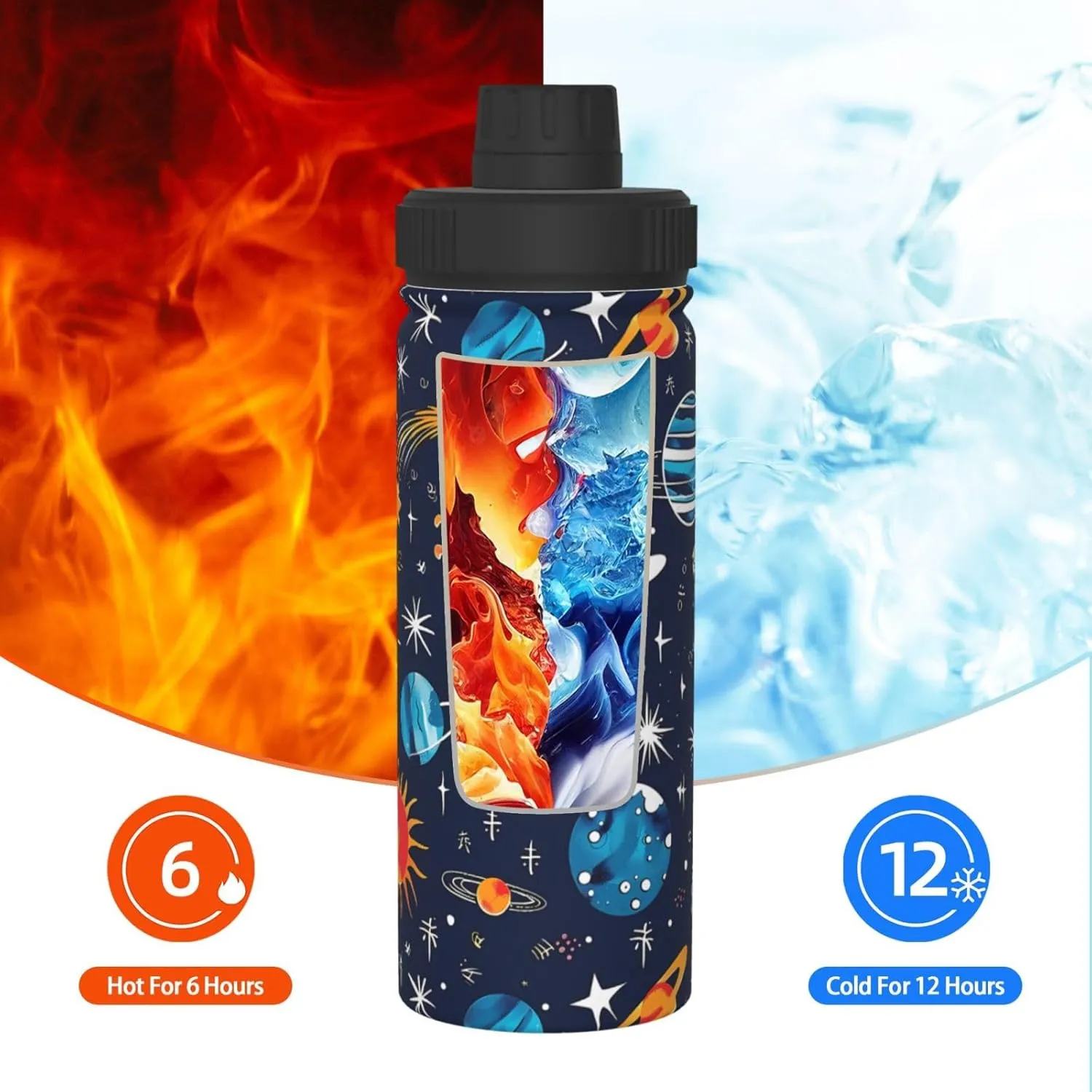 Colorful Outer Space 18 oz Stainless Steel Water Bottles Insulated Sports Water Bottle with Spout Lid, Cartoon Stars Double Wall Travel Water Flask for Running Hiking Fishing