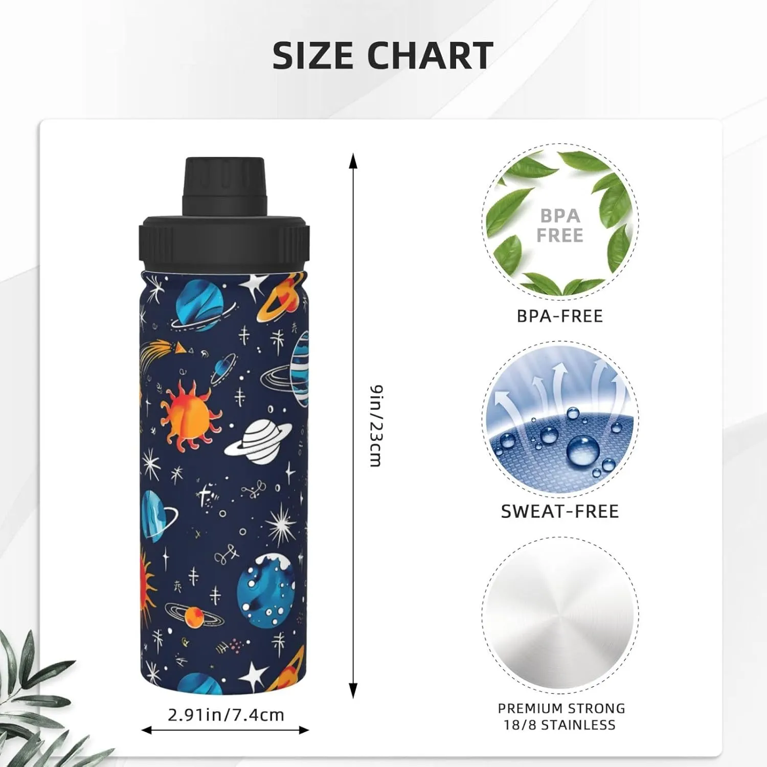Colorful Outer Space 18 oz Stainless Steel Water Bottles Insulated Sports Water Bottle with Spout Lid, Cartoon Stars Double Wall Travel Water Flask for Running Hiking Fishing