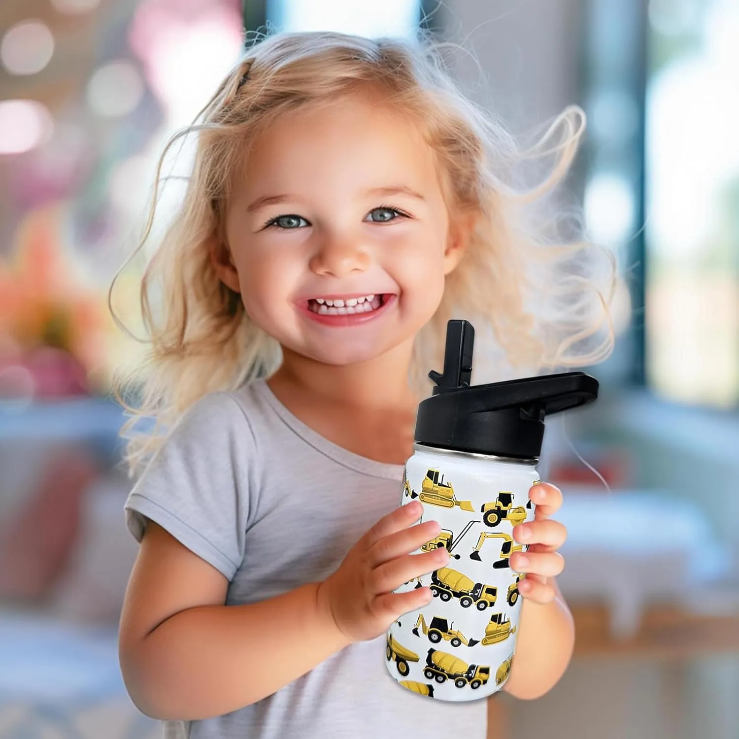 Construction Truck Excavator Bulldozer Kids Water Bottle for School with Straw Lid,12oz Stainless Steel Insulated Water Bottle for Boys & Girls,Leak Proof Lid with Handle & Touch Free Spout (A01)