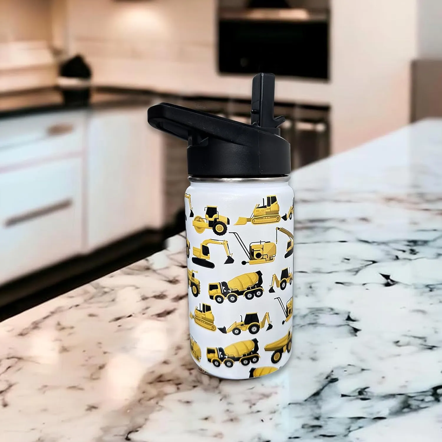 Construction Truck Excavator Bulldozer Kids Water Bottle for School with Straw Lid,12oz Stainless Steel Insulated Water Bottle for Boys & Girls,Leak Proof Lid with Handle & Touch Free Spout (A01)