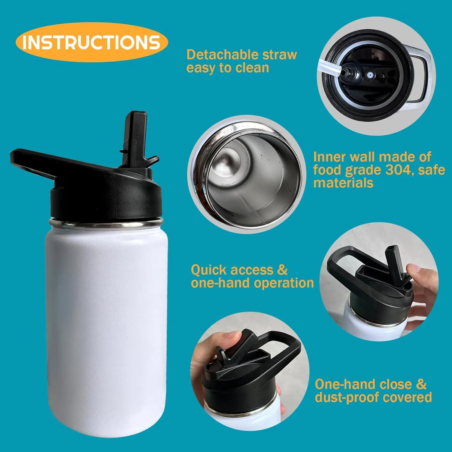 Construction Truck Excavator Bulldozer Kids Water Bottle for School with Straw Lid,12oz Stainless Steel Insulated Water Bottle for Boys & Girls,Leak Proof Lid with Handle & Touch Free Spout (A01)