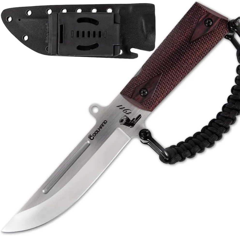 Cool Hand 10.5'' Fixed Blade Hunting Knives, Heavy Duty Survival Knife with Sheath, Drop Point 0.2" Thick 7Cr Steel Blade, Replaceable 1911 Wood Grips Handle