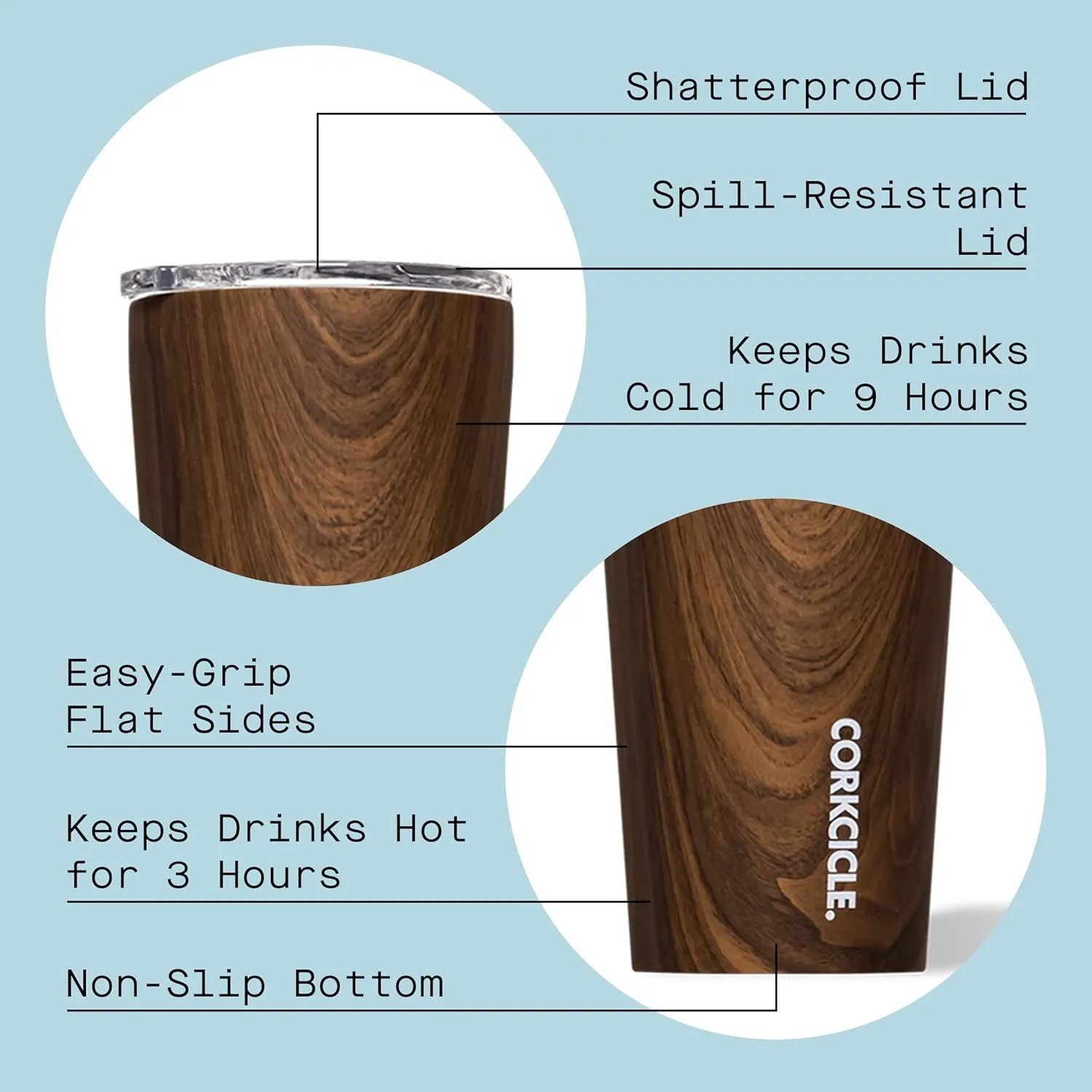 Corkcicle Classic Triple Insulated Coffee Mug with Lid, Walnut Wood, 16 oz – Stainless Steel Travel Tumbler Keeps Beverages Cold 9 hrs, Hot 3hrs – Cupholder Friendly Travel Coffee Tumbler